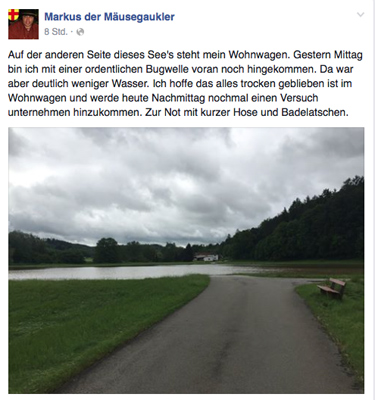 Bildschirmbild von der Facebookseite Markus der Mäusegaukler, Land unter beim Wohnwagen, zum Glück ist nichts passiert und der Wohnwagen hat nur nasse Räder bekommen.