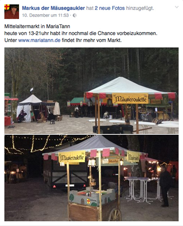 Bildschirmbild von der Facebookseite Markus der Mäusegaukler, Mäuseroulette, Mittelaltermarkt.