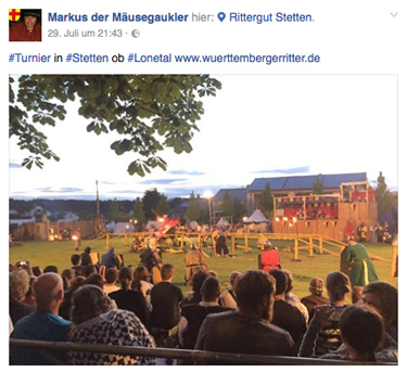 Bildschirmbild von der Facebookseite Markus der Mäusegaukler, Ritterturnier, Stetten ob Lonetal, Württemberger Ritter, Rittergut Stetten, Niedersotzingen.