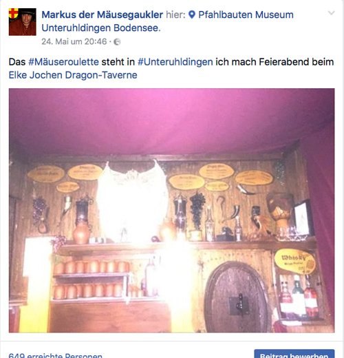 Bildschirmbild von der Facebookseite Markus der Mäusegaukler, Mäuseroulette, Mittelaltermarkt, Maushausen, Markus der Mäusegaukler.