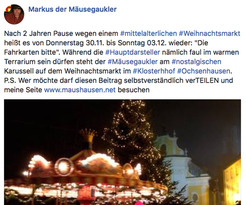 Bildschirmbild von der Facebookseite Markus der Mäusegaukler, Mäuseroulette, Mittelaltermarkt, Maushausen, Markus der Mäusegaukler, Karussell, nostalgisches Karussell, weihnachtsmarkt, ochsenhausen, weihnachtsmarkt ochsenhausen.