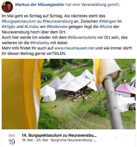 Bild von der Facebookseite Markus der Mäusegaukler mit der Werbung zur Veranstaltung in Neuravensburg