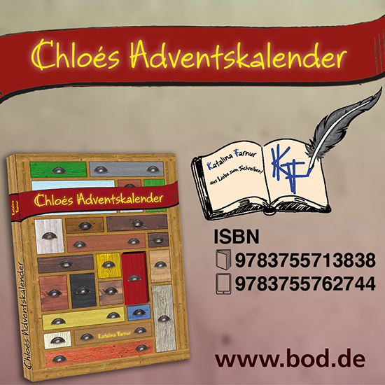 Bild mit Chloés Adventskalender als gedrucktes Buch und eBook sowie der jeweiligen ISBN dazu